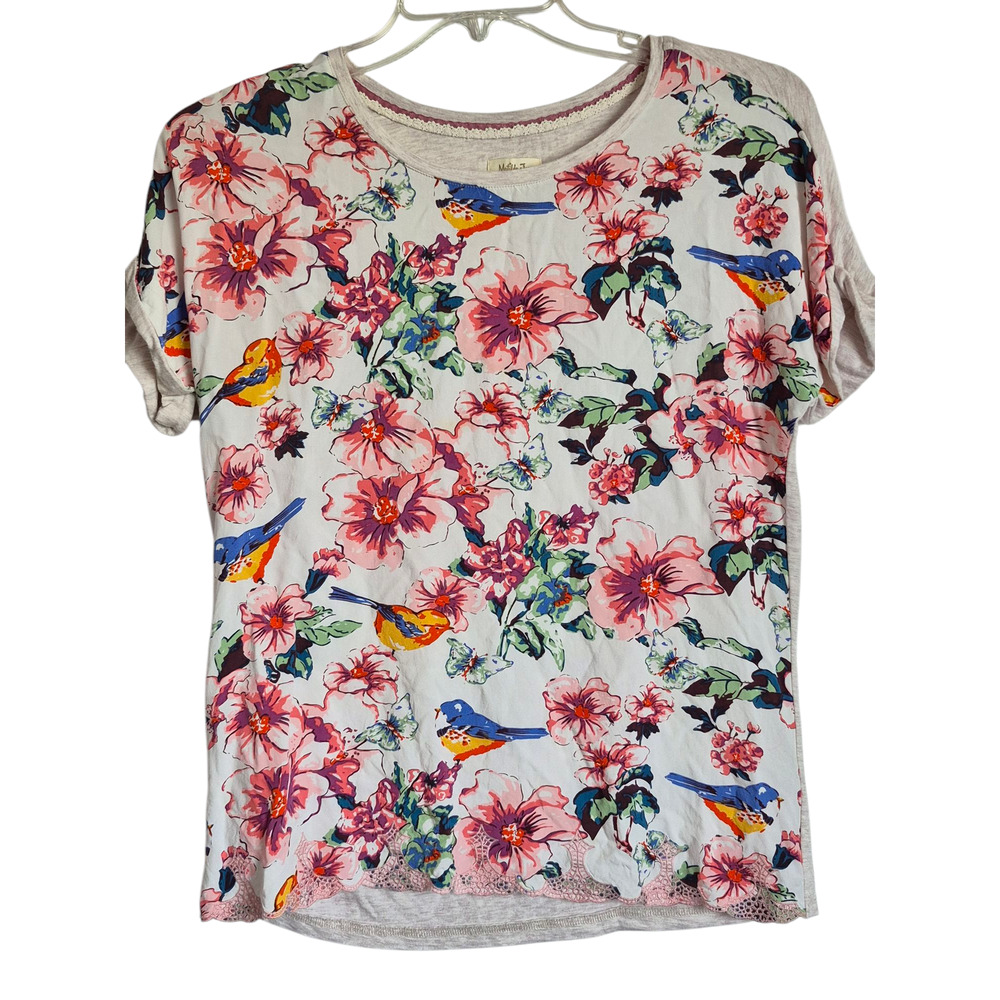 Matilda‎ Jane Floral Bird Print Top Womens S Gray Pink Lace Trim Boho Tee